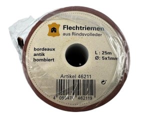 25 Meter Endlosrolle Lederflechtriemchen  bordeaux antik bombiert 5mm